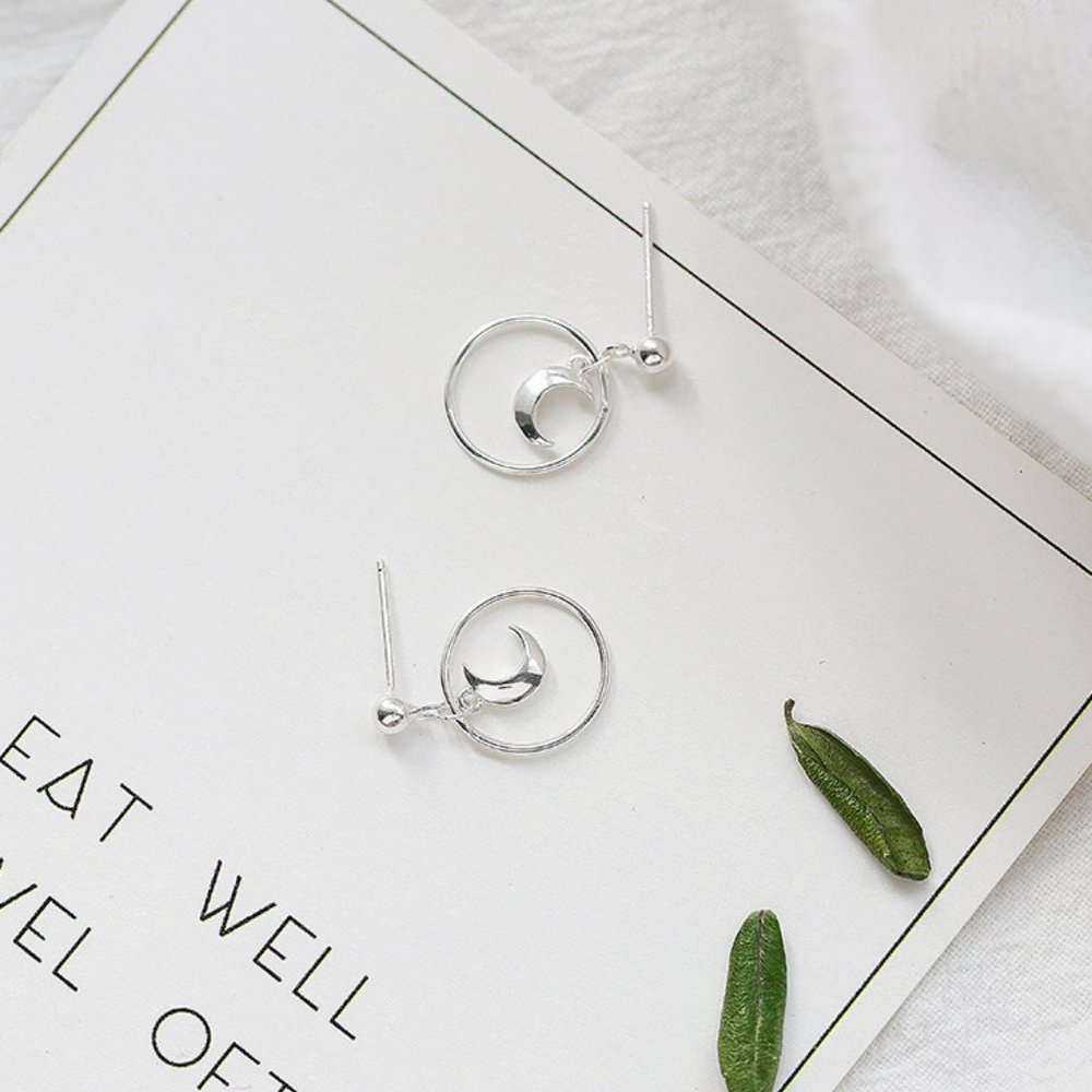 NEW 925 Sterling Silver Moon Circle Earrings - Picture 6 of 7